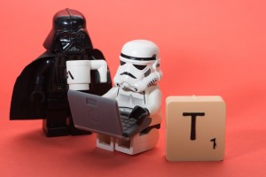 Lego Vader and Stormtrooper plus a T Scrabble piece